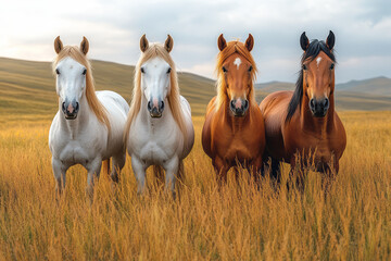 Obraz premium Four horses--Arabian, Thoroughbred, Clydesdale, and Shetland Pony--standing majestically in a picturesque meadow,