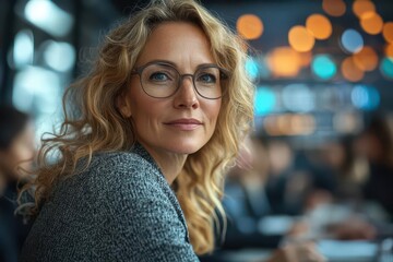 Obraz premium dynamic boardroom scene with confident middleaged woman leading diverse team modern sleek interior with glass walls interactive displays and engaged professionals collaborating