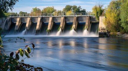 A tranquil river landscape enhanced with a hydroelectric dam in the background, showing water flowing smoothly through the gates.