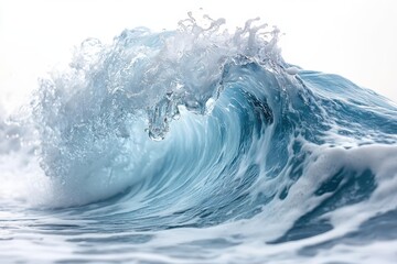 dynamic ocean wave frozen in time crystalclear water intricate droplet formation vibrant aqua hues white foam accents highspeed photography style on pure white background