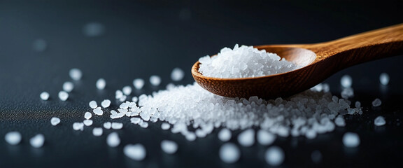 A close up wooden spoon holds scattered sea salt against a black background with copy space image 