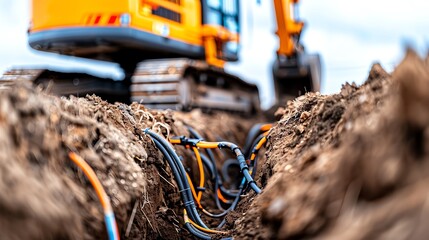 Excavator digging a trench for fiber optic cables, technology infrastructure Precise and efficient, reliable and effective, modern construction
