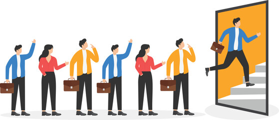 people in business suits are standing in a long line, waiting for work

