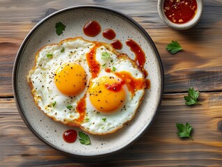 Sunny-Side-Up Eggs with Hot Sauce and Fresh Herbs, Served on a Rustic Plate on a Wooden Table