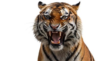 A tiger roars and growls showing its fangs isolated on white transparent background png 