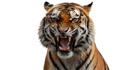 A tiger roars and growls showing its fangs isolated on white transparent background png 