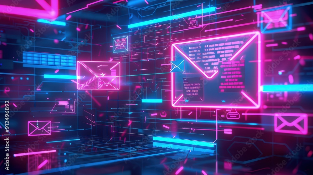 Poster a virtual reality interface showing a 3d neon pink and blue email management system, where users can
