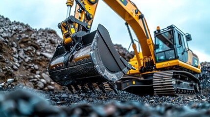 Excavator with a clamshell bucket lifting gravel, construction materials Powerful and versatile, efficient and productive, material handling