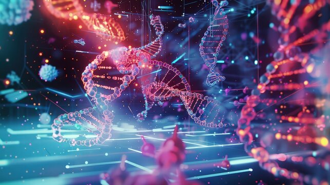 A virtual reality interface with 3D DNA models being manipulated by invisible forces, illustrating the concept of gene editing and data manipulation in a virtual space. 