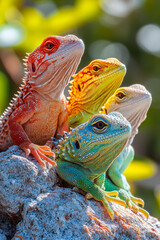 Obraz premium Four lizards--Bearded Dragon, Leopard Gecko, Chameleon, and Green Anole--basking together on a sunlit rock,