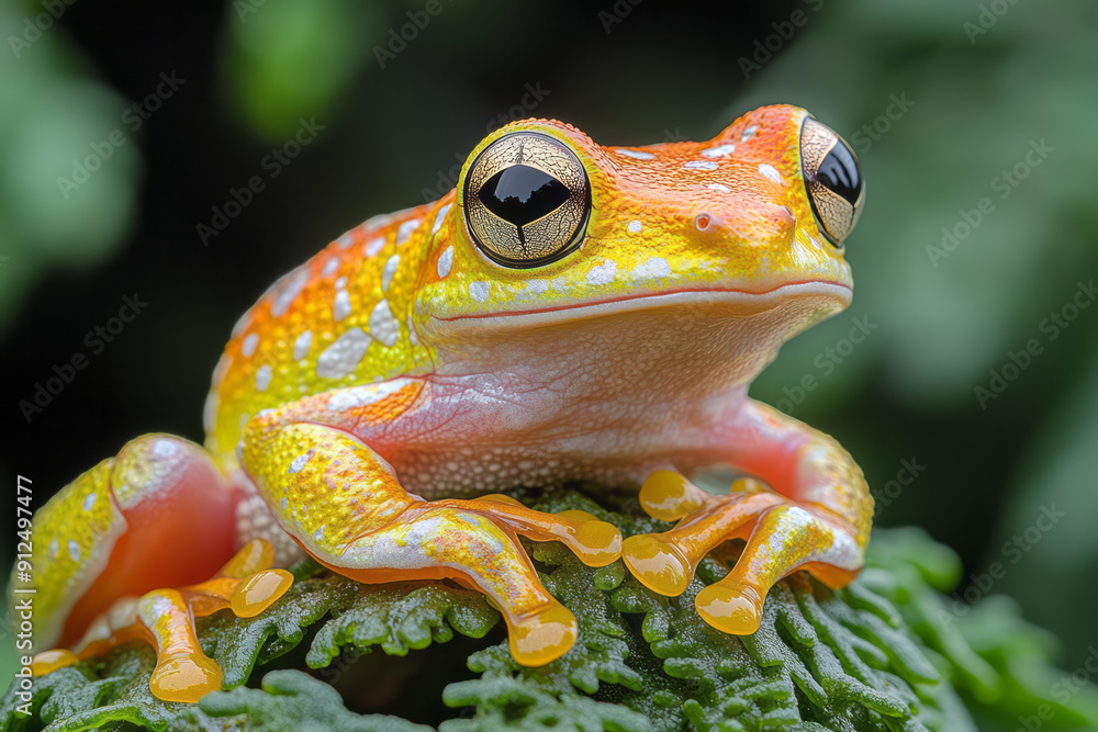 Poster a colorful tree frog clinging to a cypress knee, its skin blending with the surroundings,