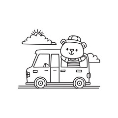 Fototapeta premium Simple drawing of hype bear driving a van in beach