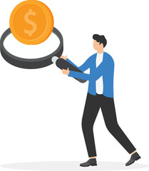 a gold coin in a magnifying glass and a man searching for money

