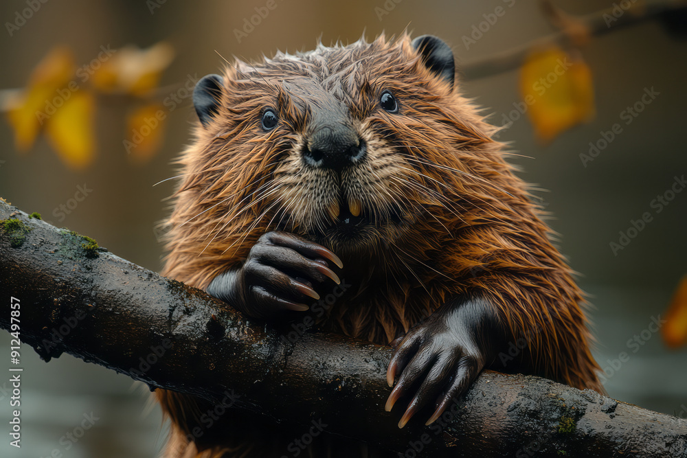 Poster a beaver gnawing on a tree branch, its teeth strong and sharp,