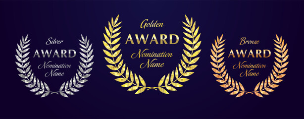 Set of metallic colored awards with pixel texture. Golden, silver and bronze symbol. Digital rewards creative concept. Isolated elements. Palm leaves with block pattern and clipping mask. Modern sign.