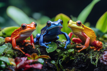 Four frogs--Tree Frog, Bullfrog, Poison Dart Frog, and African Dwarf Frog--hopping around a lush, tropical terrarium,