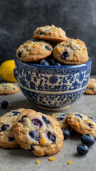 A close-up of a bowl of homemade blueberry cookies