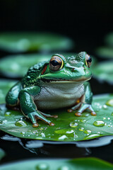 Obraz premium A lively bullfrog leaping from one lily pad to another, enjoying the rich swamp habitat,