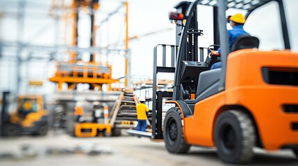 Forklift transporting construction tools at a job site, building equipment Versatile and strong, reliable and effective, site logistics