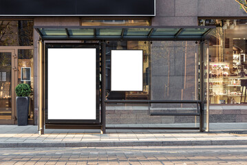Mockup Of Empty Bus Stop Billboard In Front Of Luxury Store. Two Blank Advertising Poster Sign...