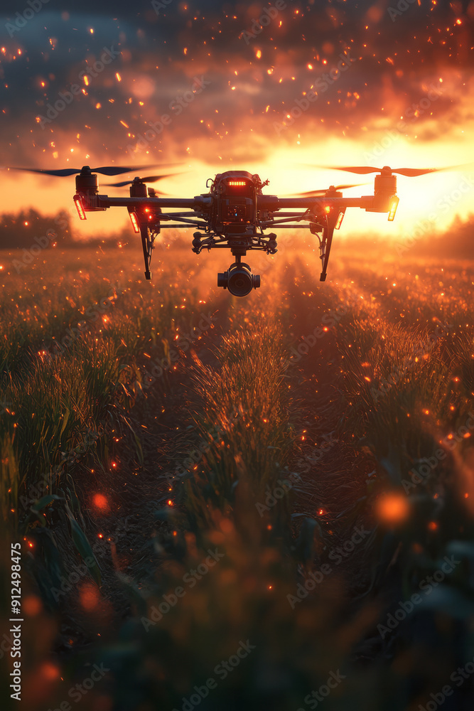 Poster artistic rendering of drones flying over fields, monitoring crops with advanced sensors during a sum