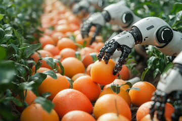 Minimalist design featuring robotic arms carefully picking ripe fruits and vegetables in a high-tech orchard,