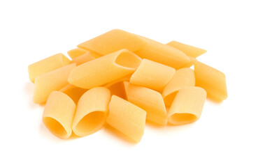 Heap of tasty raw penne pasta on white background