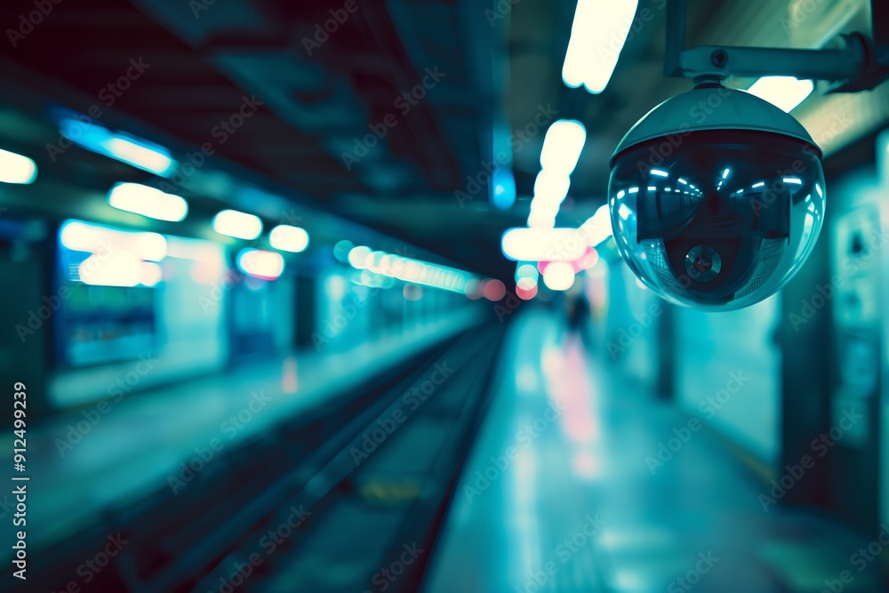 Poster a close-up of a surveillance camera at a subway station, capturing a tranquil yet secure atmosphere 