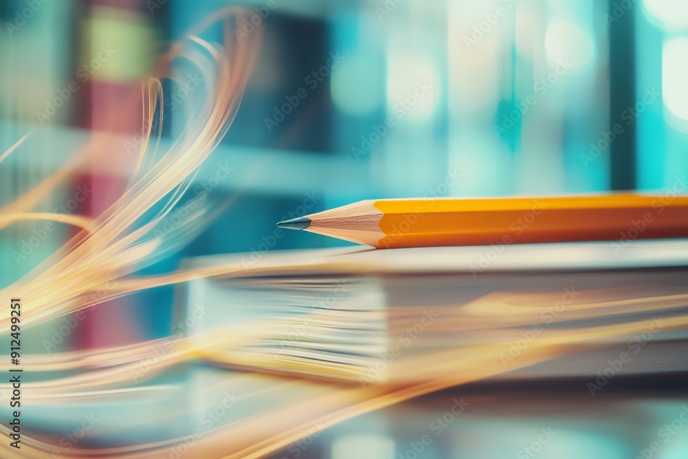 Poster a close-up of a yellow pencil resting on a stack of books, with an artistic blur creating a dynamic,