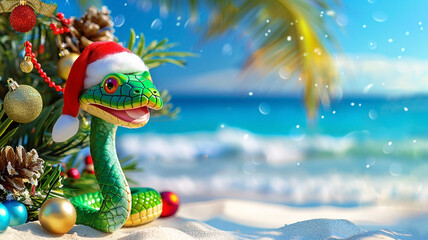 Funny green snake in a red Santa Claus hat and a green Christmas tree with balloons, on a sandy sea beach against a blue sea background
