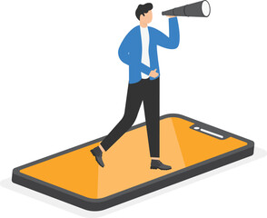 a man in a business suit is standing on the screen of a smartphone and looks in a telescope

