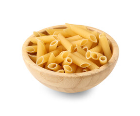 Bowl with tasty raw penne pasta on white background