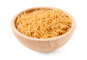 Bowl of tasty raw vermicelli pasta on white background