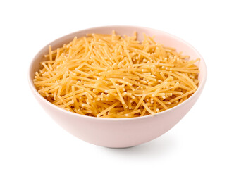 Bowl of tasty raw vermicelli pasta on white background