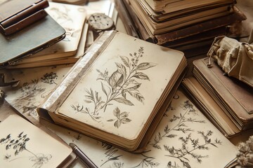 A collection of vintage botanical notebooks featuring detailed drawings of plants, creating a nostalgic and artistic atmosphere.