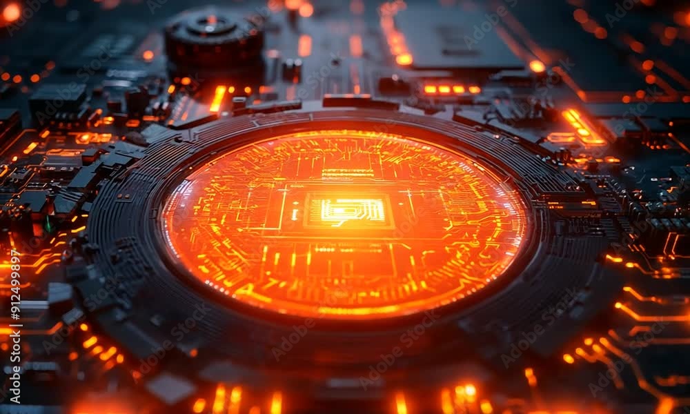 Poster futuristic circuit board with glowing chip