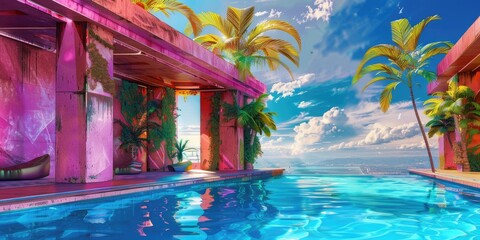 Pink building, palm trees, infinity pool, blue sky.