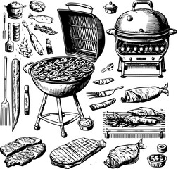 Hand drawn vintage barbecue. Charcoal and gas grills, grilled meats, fish, sausages, vegetables, utensils, and seasoning elements. Retro sketch for BBQ menus, restaurant designs, food packaging.