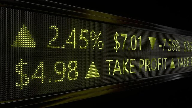 Take profit Stock market indicators. Digital shares tickers data price display panel trading financial report.