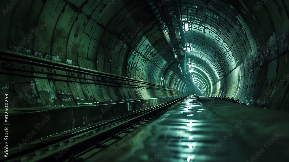 Poster a dimly lit tunnel with a reflective surface and glowing lights creating a mysterious and atmospheri