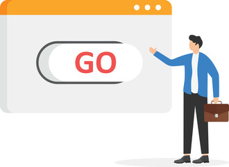 button with the inscription go on the browser window and a man in a business suit reaches for it with his hand

