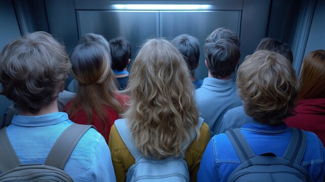 People standing close together in a crowded elevator, viewed from behind, with diverse clothing and backpacks.