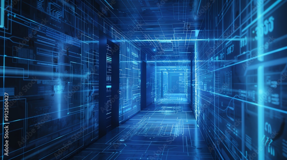 Poster a futuristic corridor featuring luminous blue data streams and digital patterns, symbolizing technol