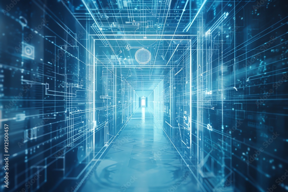 Poster a futuristic corridor with glowing lines and data streams, symbolizing technology and innovation in 