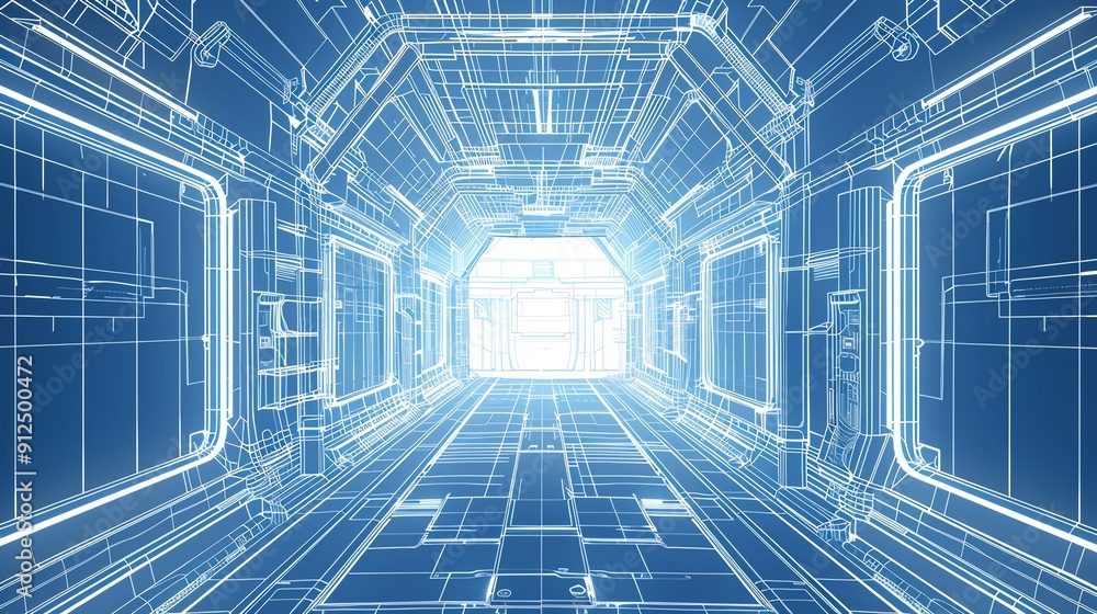 Poster a futuristic digital corridor illuminated with glowing lines, representing advanced technology and i