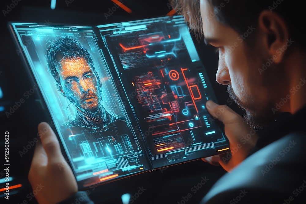 Poster a futuristic man analyzing holographic data on a sleek display, showcasing technology and digital in