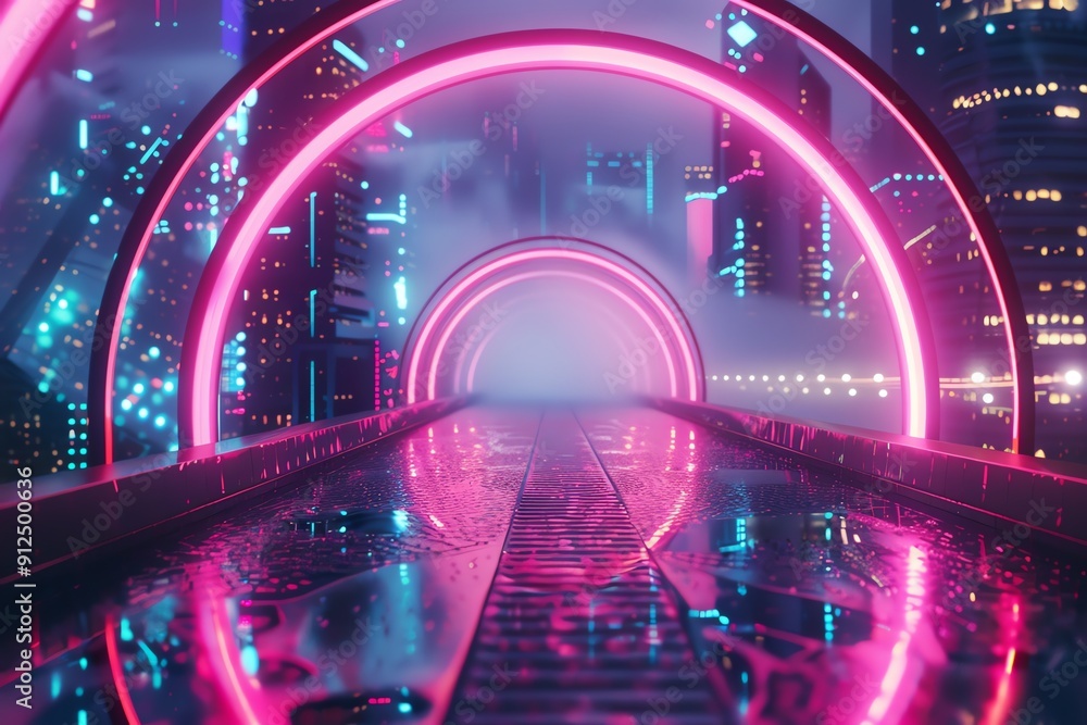 Poster a futuristic pathway illuminated by neon lights in a vibrant cityscape, creating a surreal and capti