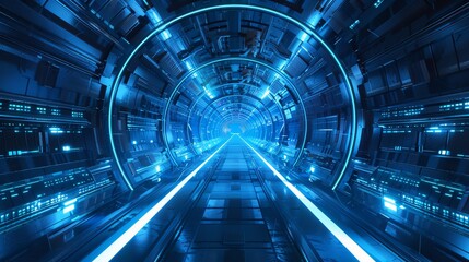 A futuristic tunnel emitting bright blue light, creating an immersive sense of speed and advanced technology.