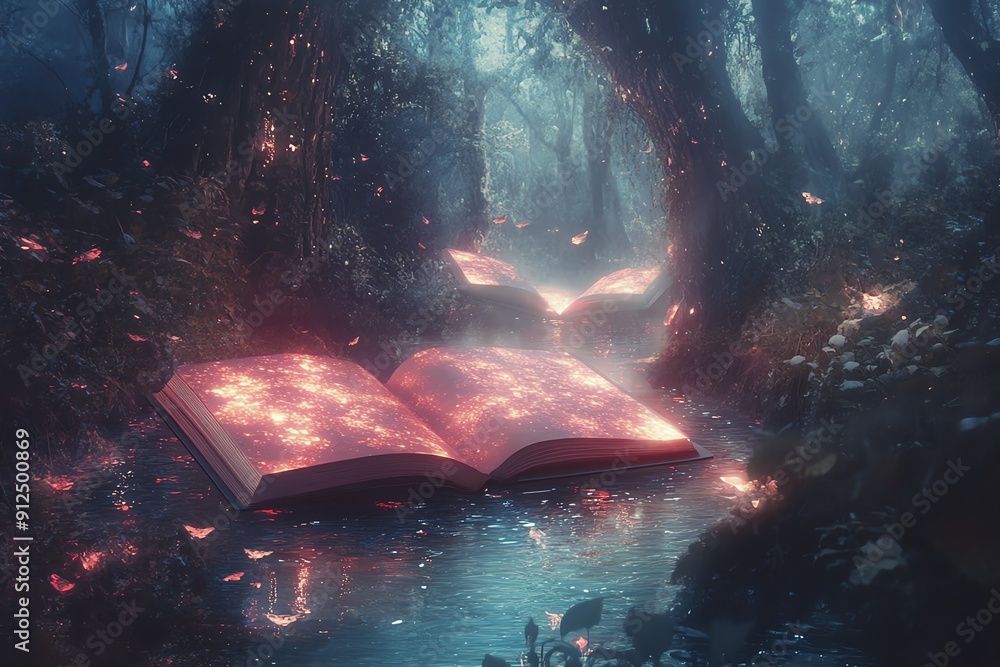 Poster a magical book rests by a serene forest stream, illuminated by soft glows and surrounded by enchanti
