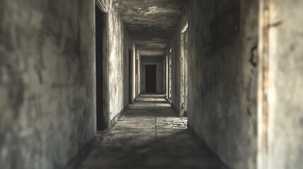 Fototapeta premium A long, dimly lit corridor with weathered walls, conveying a sense of abandonment and mystery in an urban setting.